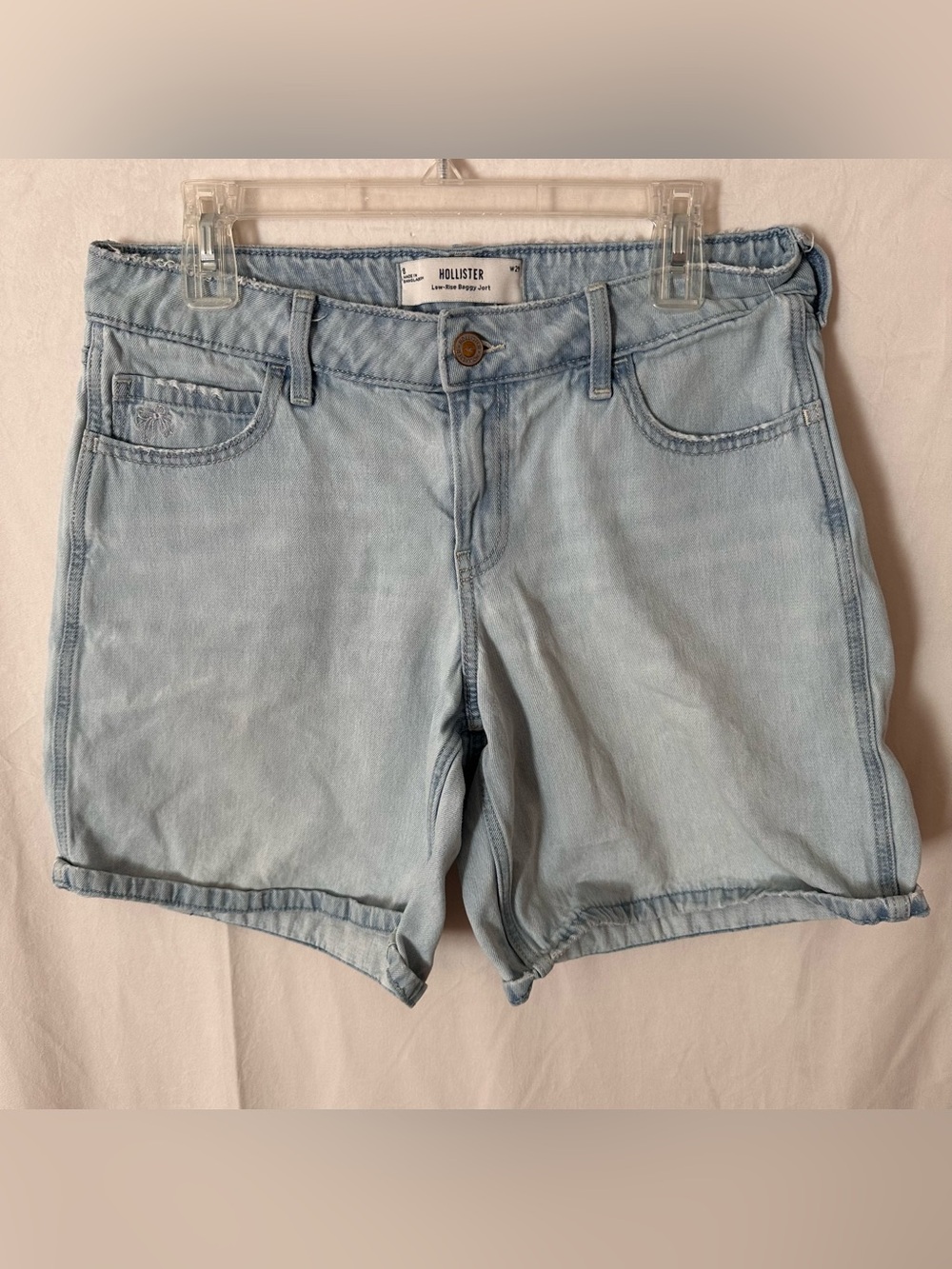 Hollister Women's Low Rise Light Blue Denim Baggy Jort Bow Detail Size 8 W29